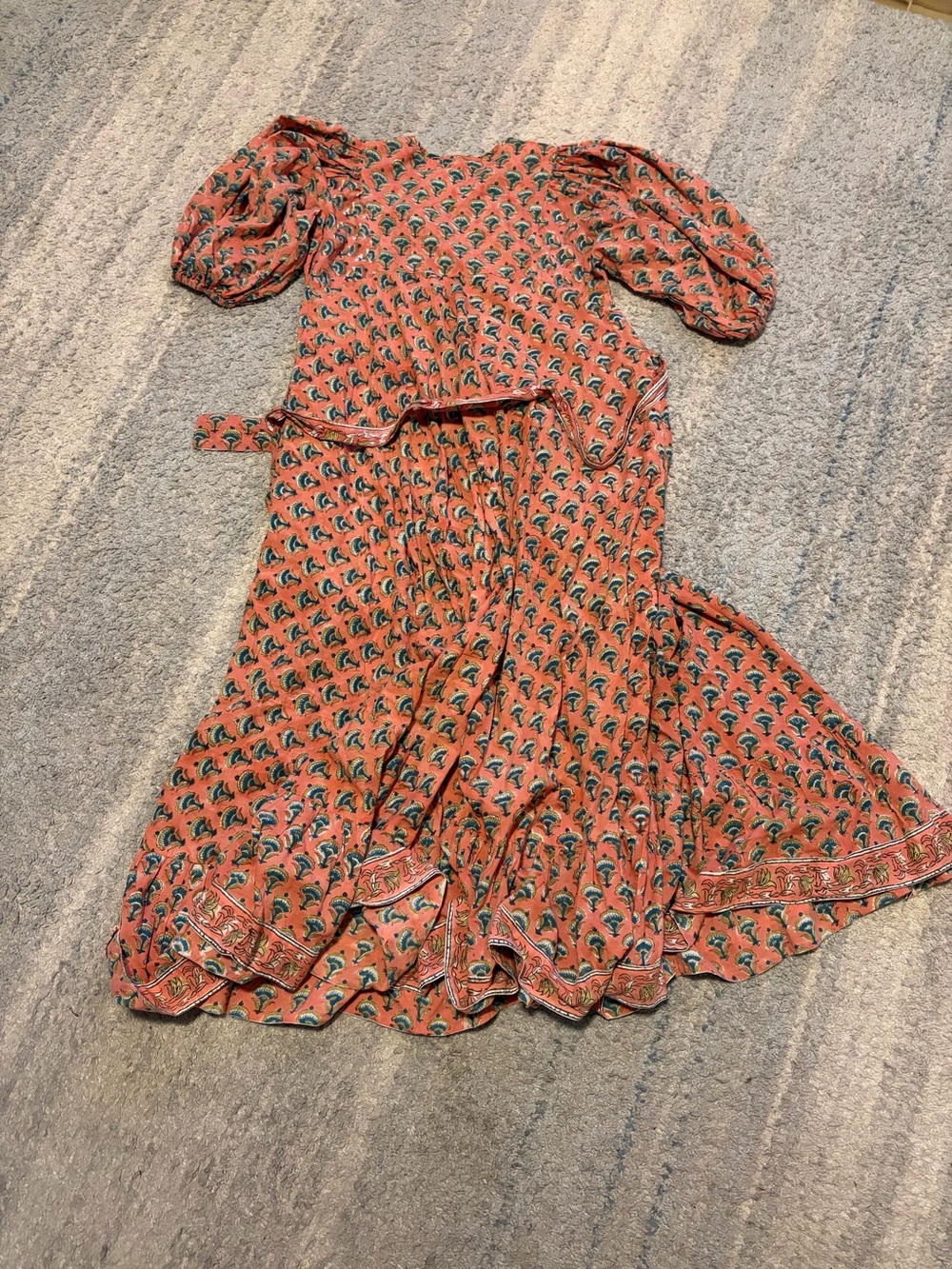 Marea by Liz Joy Cotton Block Print House Maxi Dress Boho Coral Pink Sz 2 Belted - Picture 7 of 8